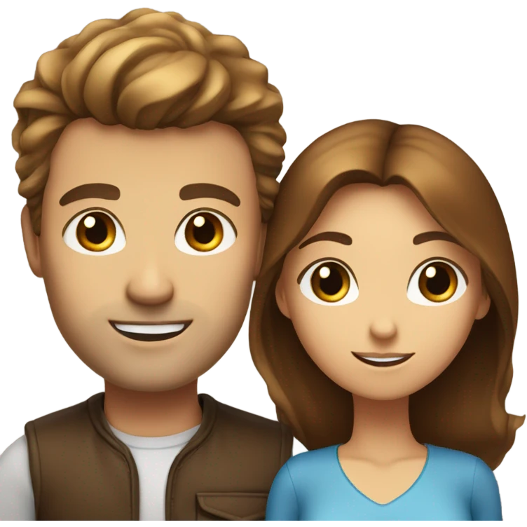 A couple: a guy with blue eyes and blown hair and a girl with brown hair and wide brown eyes emoji
