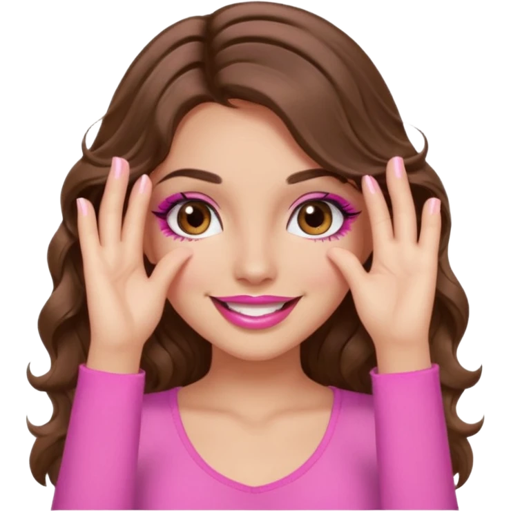 girl with long wavy brown hair, brown eyes, long lashes, sexy pink lips, light to medium complexion, wearing a pink sexy top, smiling, hands covering the eyes emoji