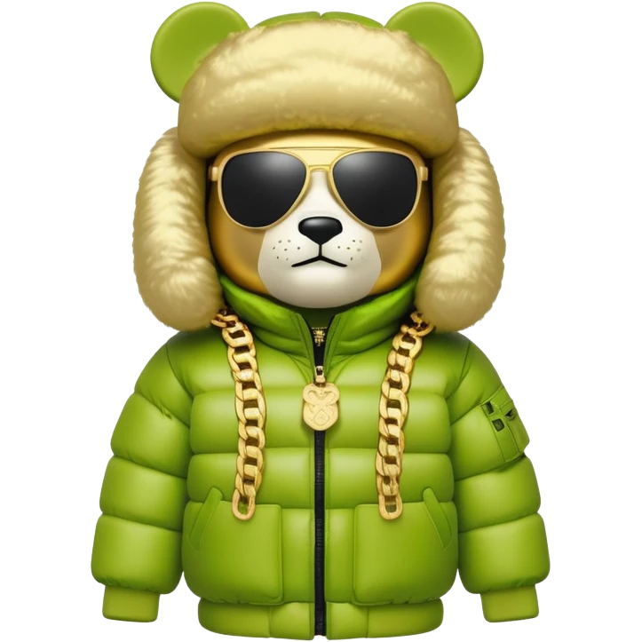 classic bearbrick in lime mask with graffiti tags, wearing sleek one-piece solid sunglasses visor spanning full width of face, oversized puffy jacket with plush fur trim, stacked gold chains, high fashion look emoji