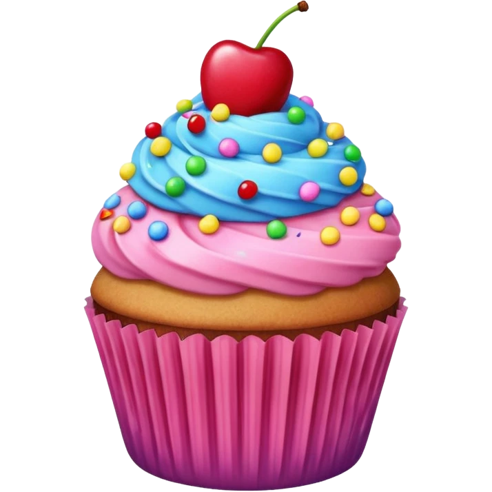 Cupcake with pink icing rainbow sprinkles and a cherry on top emoji