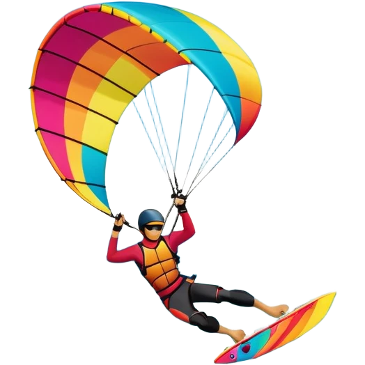 A professional kite surfer performing a high-flying trick on the waves, with a colorful kite soaring above. The background features a stunning landscape of rolling ocean waves, a bright sky, and distant mountains, emphasizing the skill and freedom of the sport. emoji