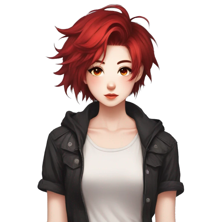 Gorgeous anime style tomboy-lady with blushing face aesthetic and pretty edgy black red punk hair with hair garment trending style emoji