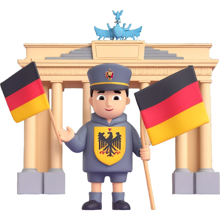 Add more German symbolism to the universal character in 3D style, including the German coat of arms, flag, and possibly the silhouette of the Brandenburg Gate or other recognizable German elements. Keep the 3D style and transparent background. emoji