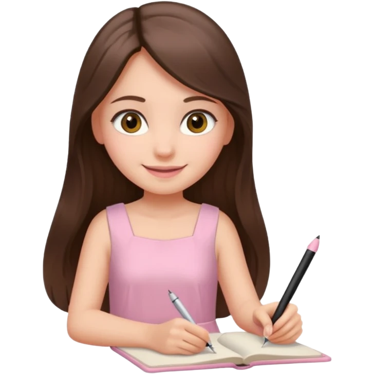 pretty smiling long brunette hair girl with hazel eyes wearing light pink dress writing emoji