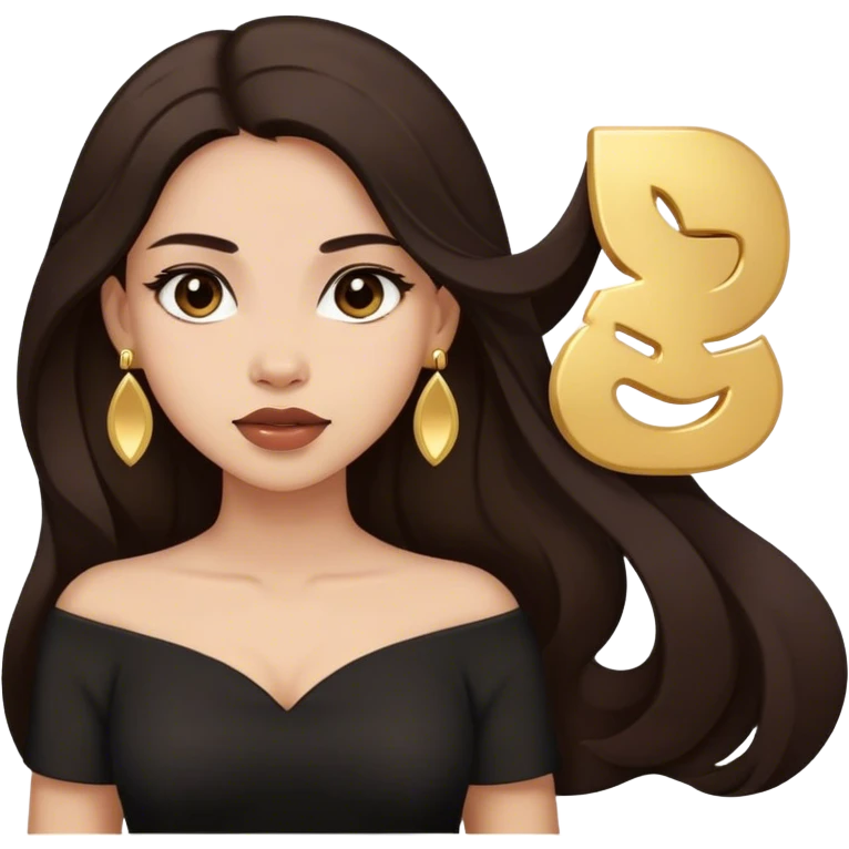 Beautiful woman,cute, long dark brown hair in dark dress with gold earrings emoji