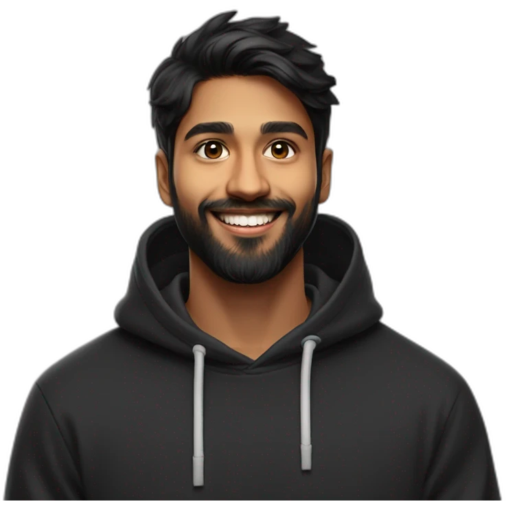 25 year old indian silicon  valley creator economy startup founder smiling in a black hoodie and black medium  size beard with broad shoulders profile photo wearing apple vision pro face only emoji