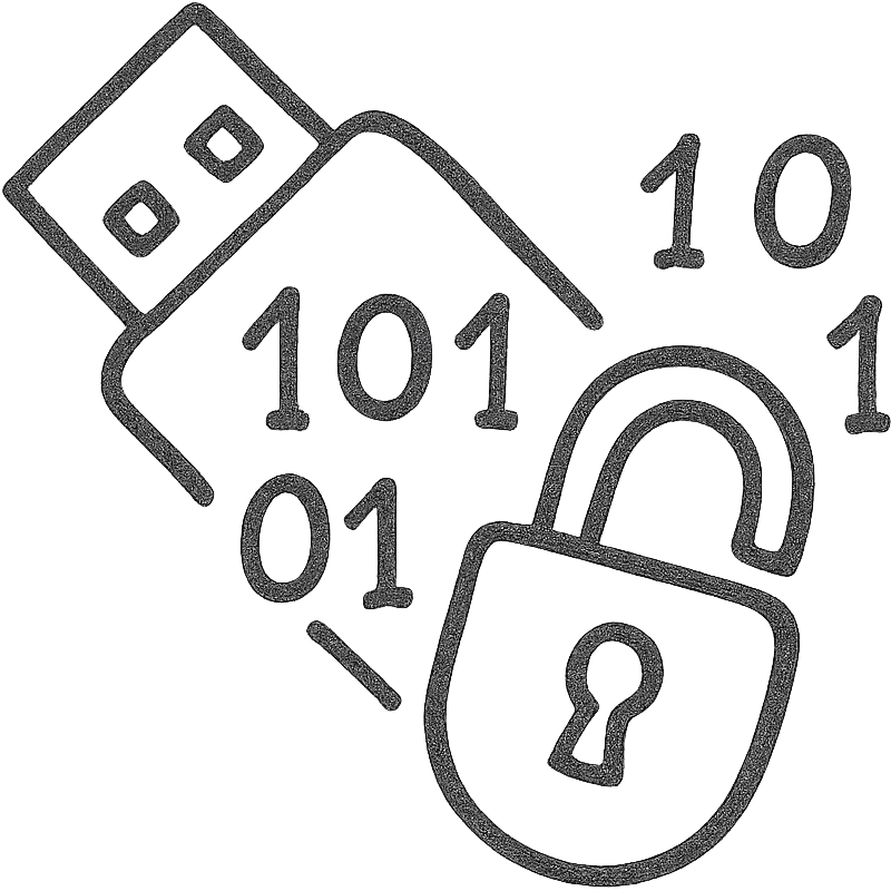 hand-drawn outlined icon of a USB drive and broken lock merged, tilted down-left, transparent, gray and black, with 1s and 0s inside emoji