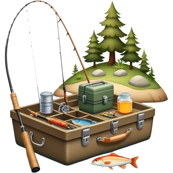 Icon for Fishing: a boat on the shore of a peaceful water body with a beautiful natural landscape, a fishing tackle box, a spinning rod. The icon should capture the tranquility and gear of a fishing adventure. Without frame. Transparent background. emoji
