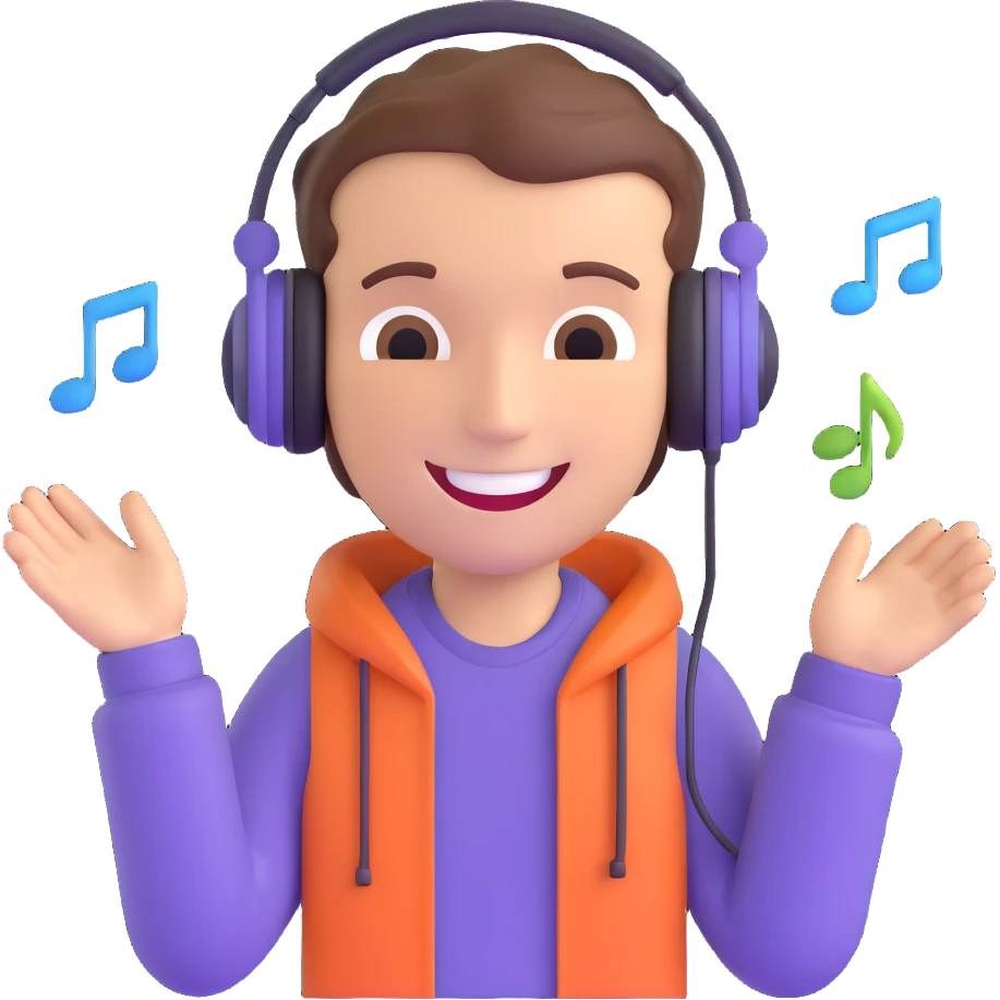 smiling deejay character with headphones and music notes emoji