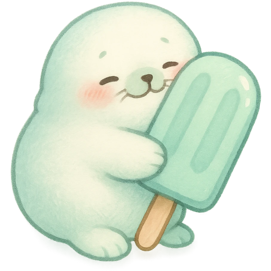tiny refrigerator seal, soft and fluffy, hugging a popsicle, blushing, soft mint tones, full-body emoji