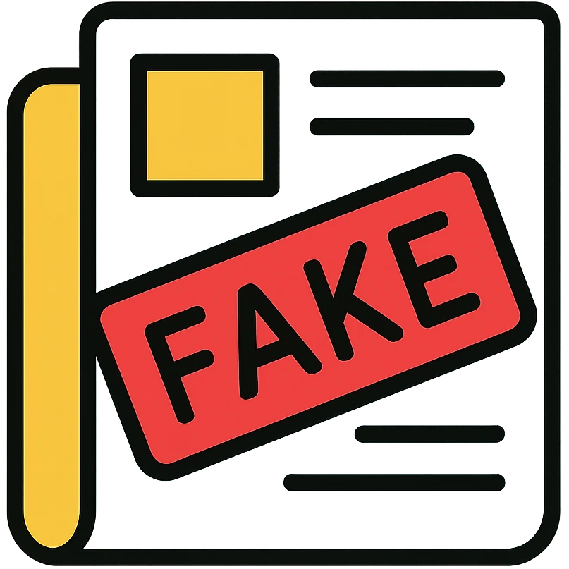 newspaper icon with a red 'FAKE' stamp across it emoji