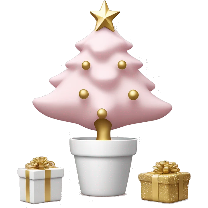 light pink christmas tree with white pot and presents underneath and star and white and gold ornaments emoji