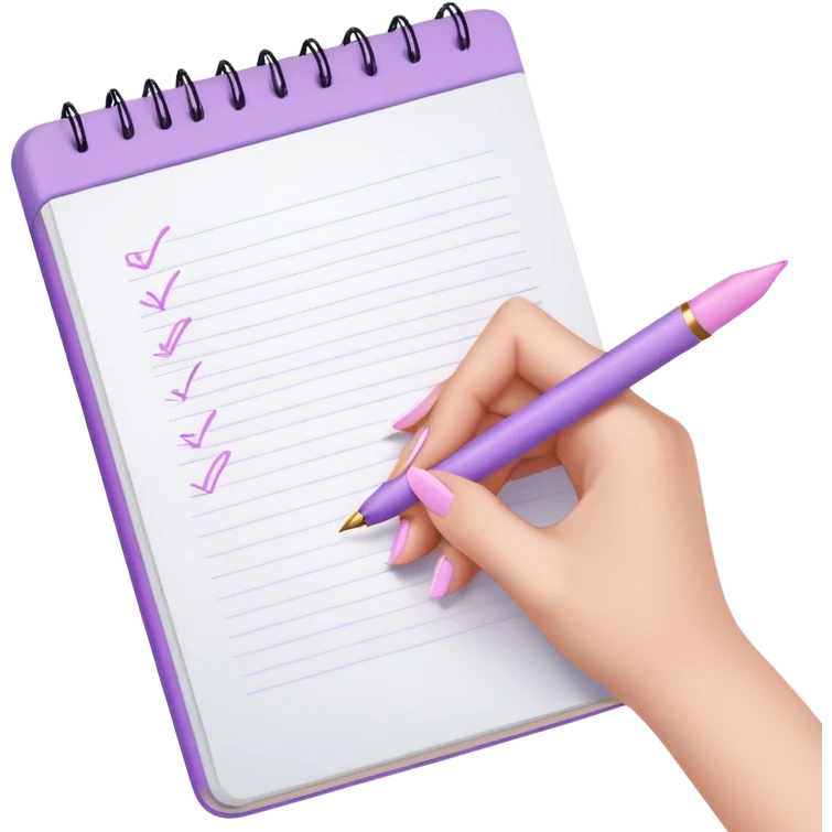 female hand with delicate lilac manicure writing in notebook with pastel pink pen emoji