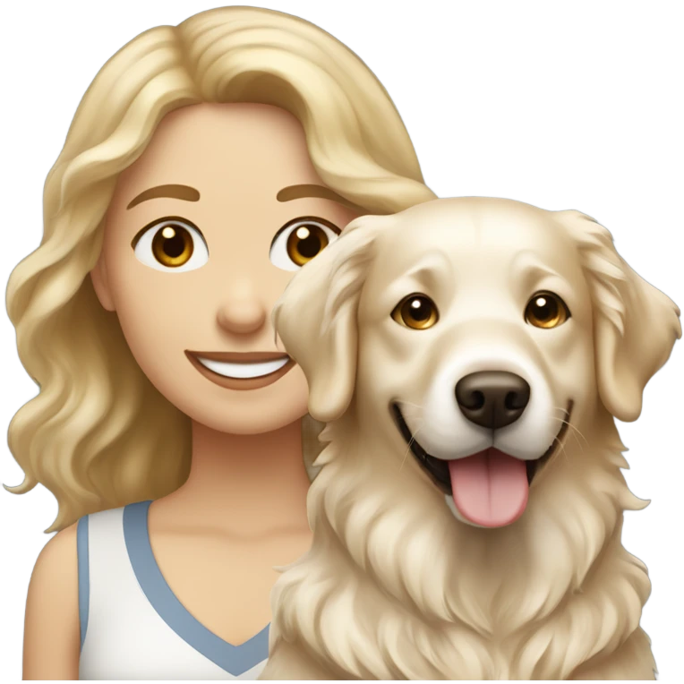 brown haired white woman and her English cream golden retriever curly haired dog smiling emoji