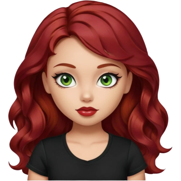 a pretty fair bratz girl with wavy dark red hair, wearing a black tee. eyeliner on, green eyes emoji