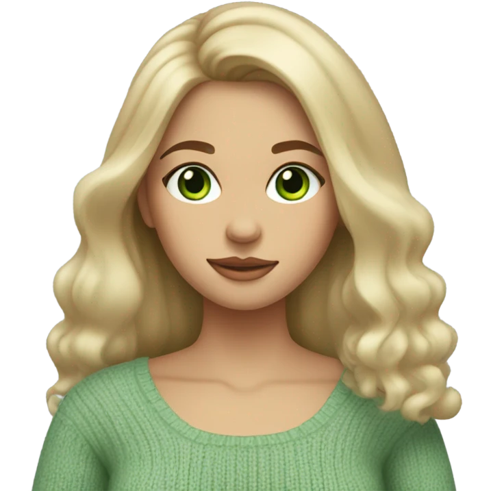 blonde girl with green eyes, smooth skin, sweater, long blow out hair, baddie, middle part emoji