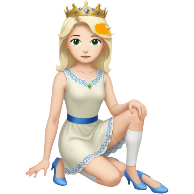 prince, upright, black Hair, blue eyes, garment,  Woman, bending knee, sleveless white dress, blonde hair, green eyes, emoji