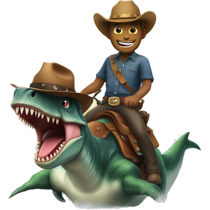 Dinosaur with a cowboy hat riding a shark emoji