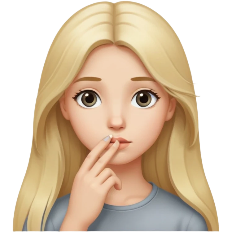 A girl with long blond hair and gray eyes made a thoughtful look, putting her hand to the edge of her lip emoji