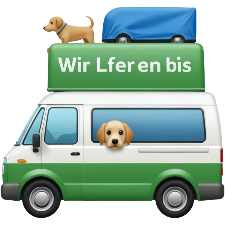 a white delivery van with green and blue color on the delivery van tarpaulin. Text: Wir liefern bis an die Türe. Ausser Ihr Hund ist dagegen" emoji