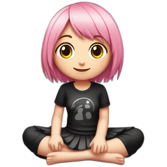 Full body Front view curvy emo girl pink hair sits on the floor straight view hands up black skirt белые трусики полосатые рваные чулки emoji