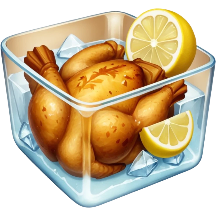 a baked chicken dish with lemon wedges in a large ice cube emoji