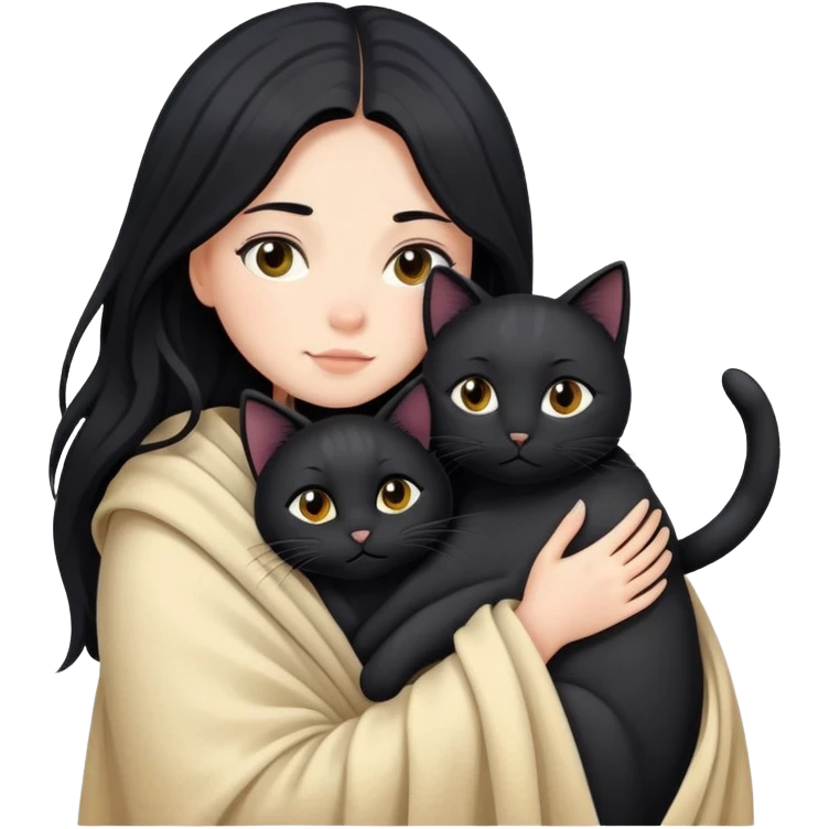 A girl with fair skin and long black hair wrapped in a blanket hugging a black cat emoji