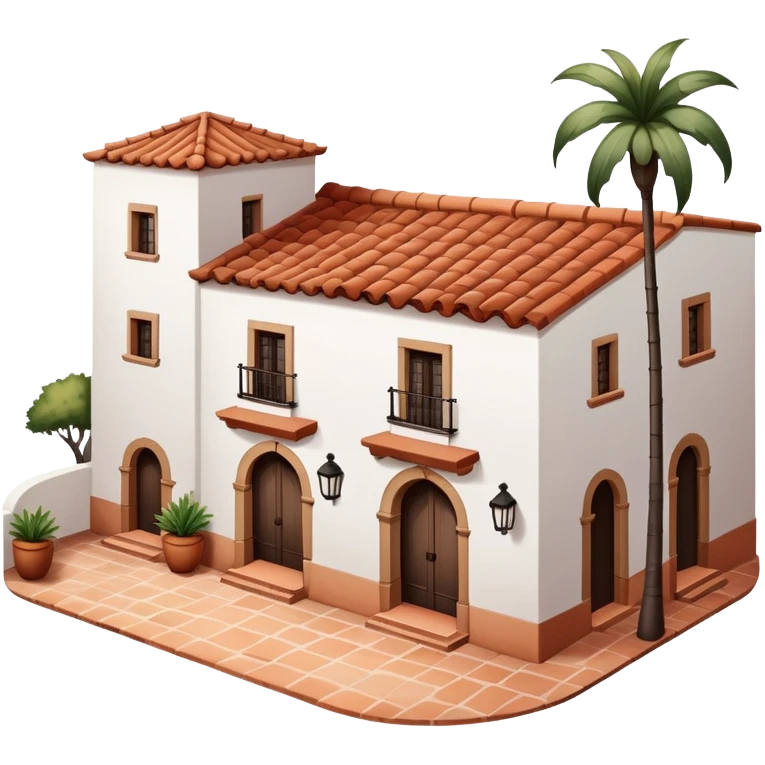 Traditional Spanish hacienda with white walls, terracotta roof, iron details, and small courtyard emoji