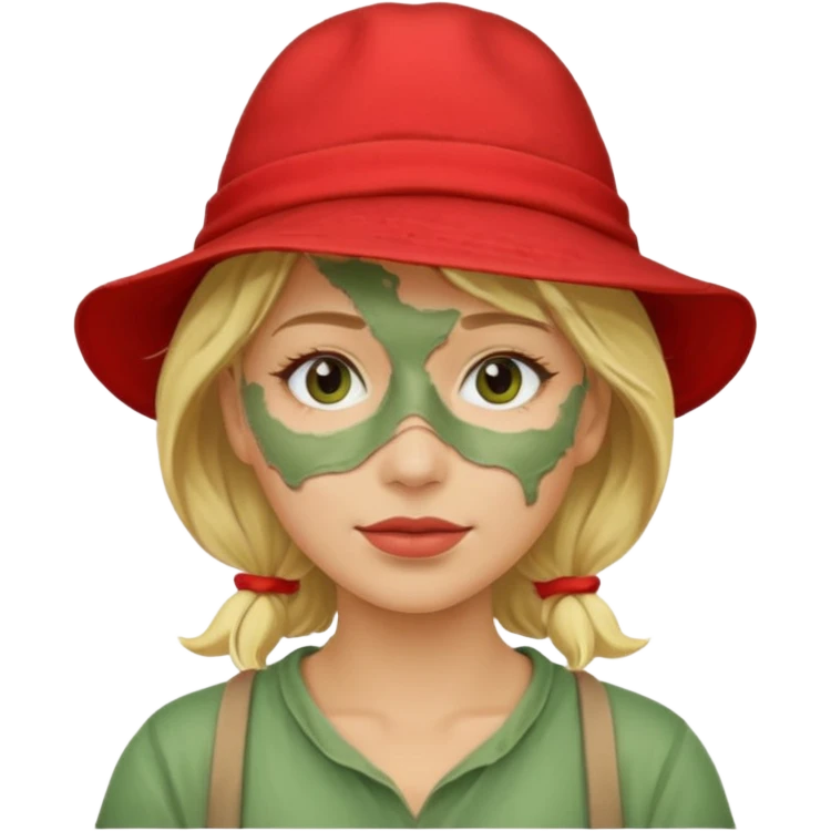 messy green clay mask and red tourist hat blond woman emoji