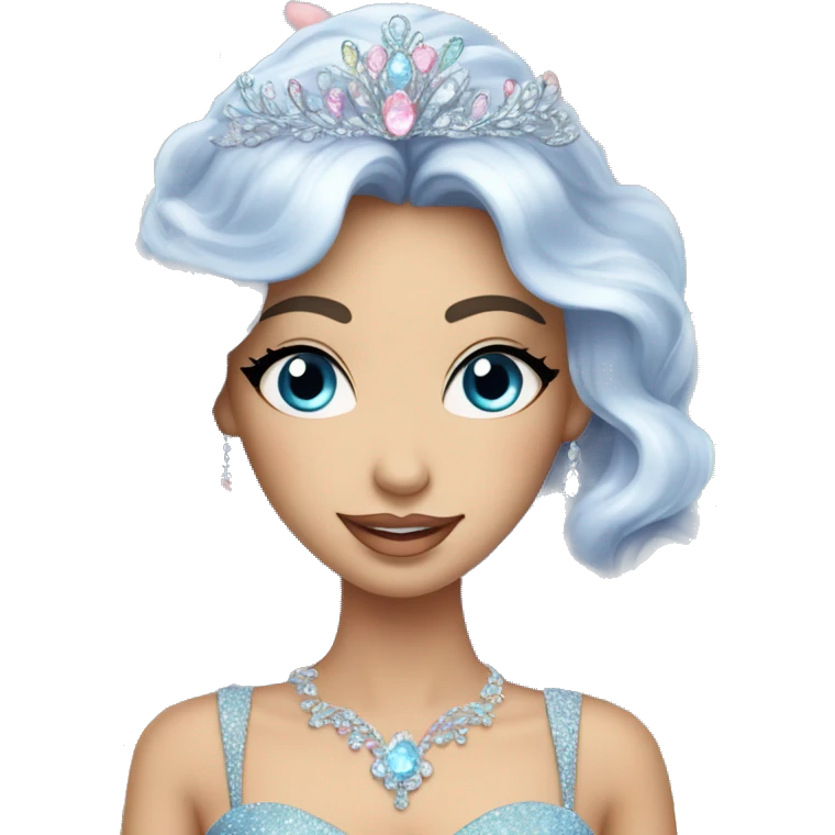 Gorgeous pastel Lady with dark hair blue eyes in a sparkly shiny dress with tiara and necklace and flowers behind her and trending  emoji