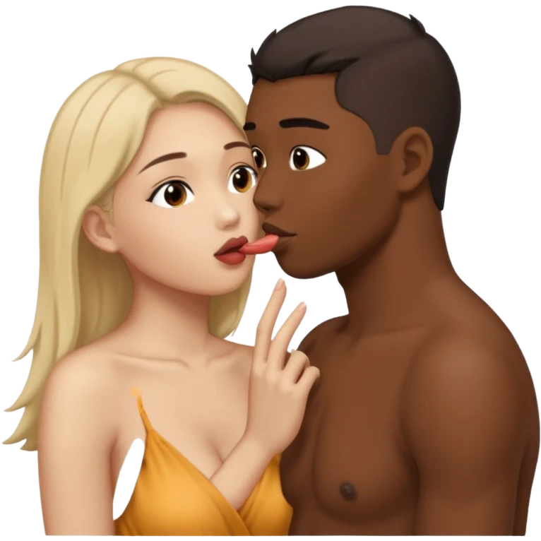 Nude light-skinned female giving fellatio to darker-skinned asian male emoji