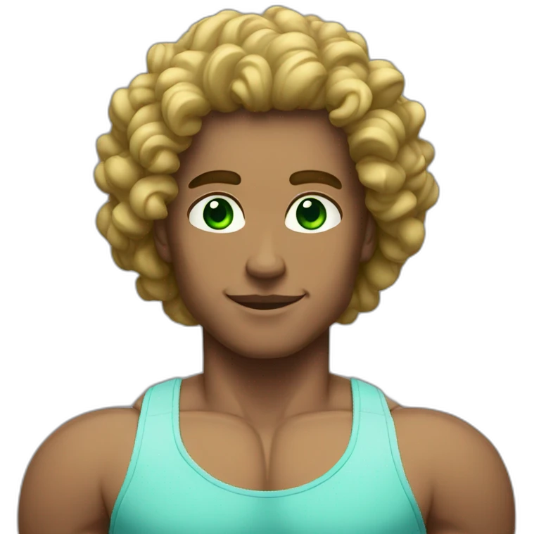 Bodybuilder with green eyes and brow curly hair model face no smile emoji