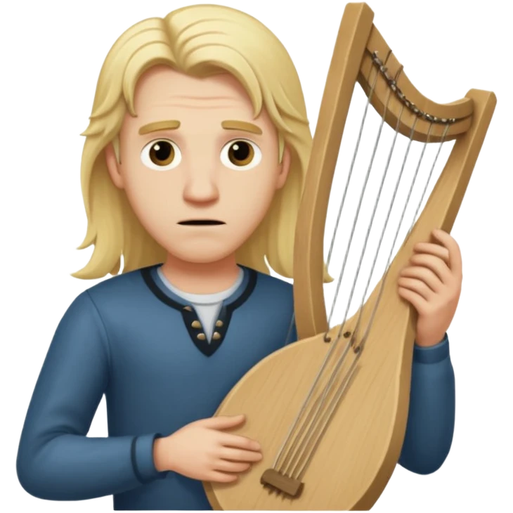 Man with long blonde hair nervous   holding a lyre emoji