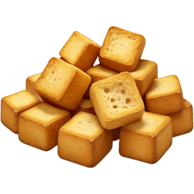 3 to 5 small golden-brown croutons, lightly toasted, irregular shape, crispy, dry, textured, slightly rough porous surface, warm golden-to-brown gradient, hint of seasoning like herbs, 3D-rendered, clean, softly lit, gentle shadows, transparent background, emoji scale emoji