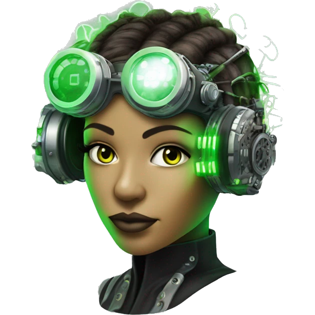 Neon green bobbed hair Latina female cyborg head with silver steampunk goggles and circuits emoji