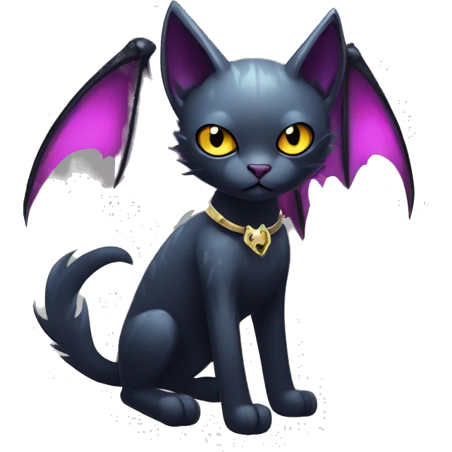  cool edgy kawaii ethereal dark-punk-themed animal vampiric cat-hybrid Fakemon with fangs and bat-wing-ears with a collar full body emoji