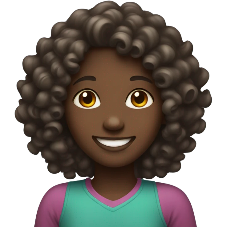 A girl with dark skin and curly hair is smiling. emoji