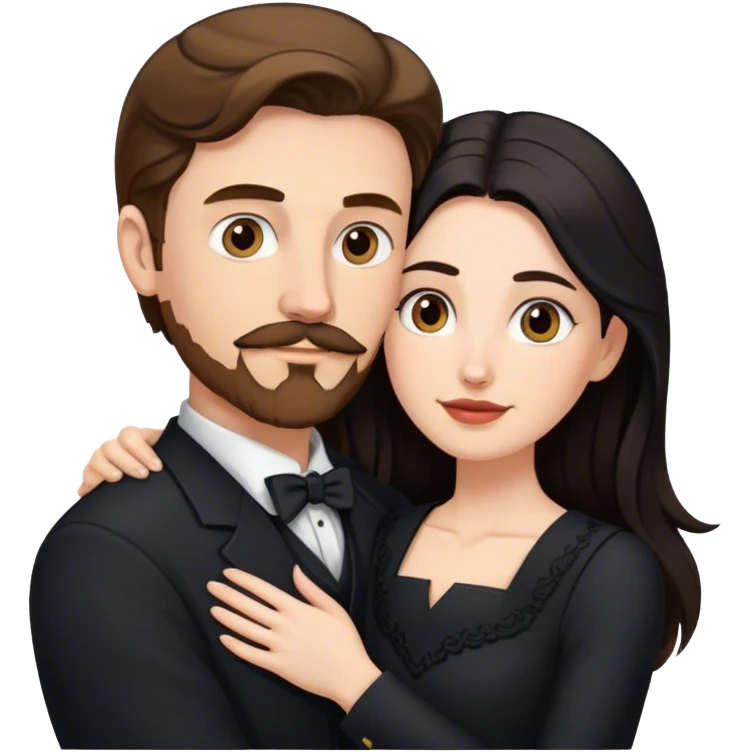 married couple portrait, tall white man with brown hair goatee mustache embracing a pale woman with long black hair, wearing formal clothing emoji