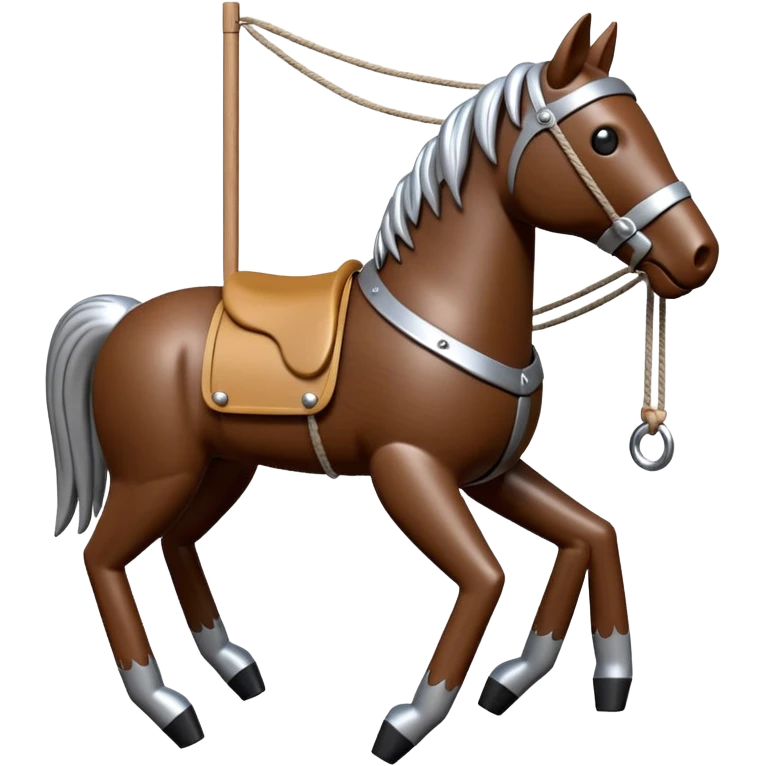 3D render of Horse Puppet as a wooden marionette puppet, Wooden toy horse on strings, silver metal screw joints at elbows and knees, polished brown wood texture, rigid toy pose, emoji style, isolated on white background --v 6.0. emoji