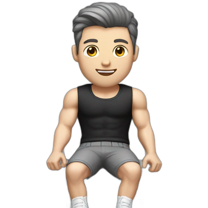 Pale skinned Fit Man With the biceps and dark brown hair in black shirt, gray sports shorts and white Sneakers Sitting on a chair emoji
