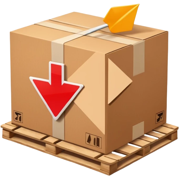 cardboard box on a pallet with a digital arrow next to the box pointing right, arrow does not overlap the box, simple and clear, no text emoji