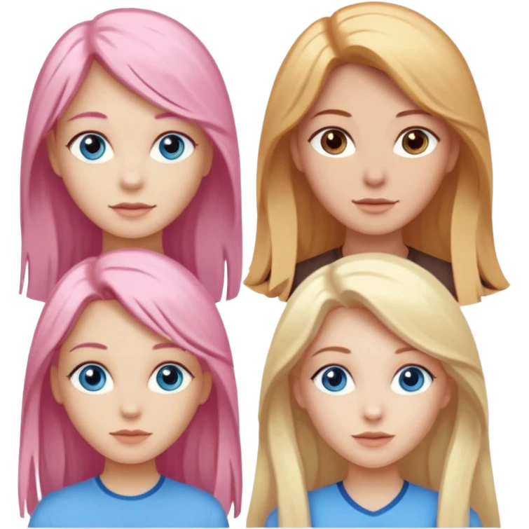 Girlfriend emoji - include 1 white girl with long light pink hair and blue eyes, 1 white girl with brown eyes and medium honey blonde hair, and 2 white girls with brown eyes and long dark brown hair, 1 white girl with blue eyes and light blonde hair,  emoji