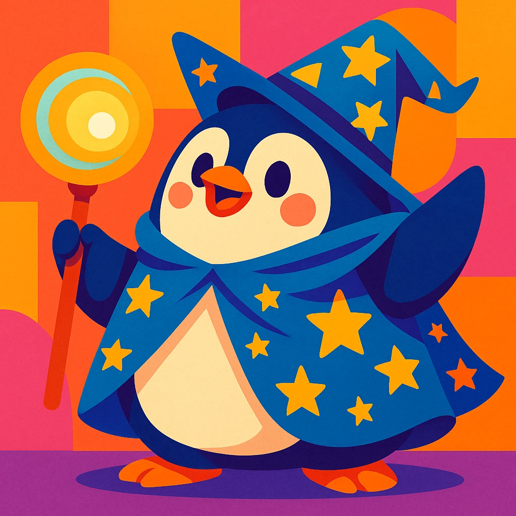 chubby penguin wizard with starry cloak and glowing orb, colorful playful style emoji