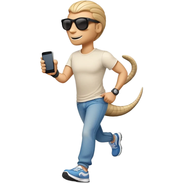 friendly anthropomorphised cobra in jeans and a t-shirt, wearing dark sunglasses, jogging upright in relaxed pose emoji
