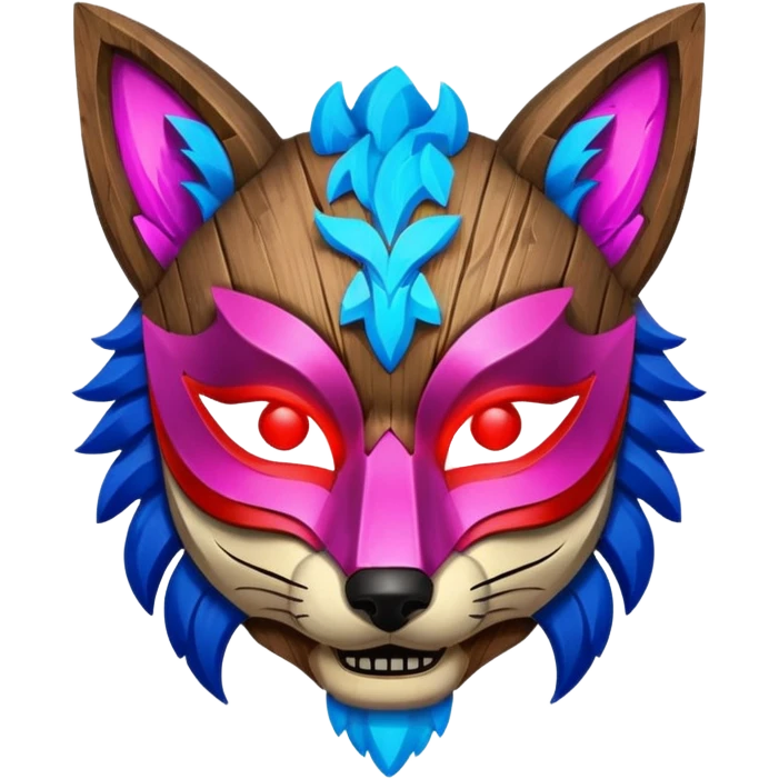 Ancient wooden mask, broken in half, luminous and neon with red, blue, and pink fox-like glow. Fragments of the mask scattered around. emoji