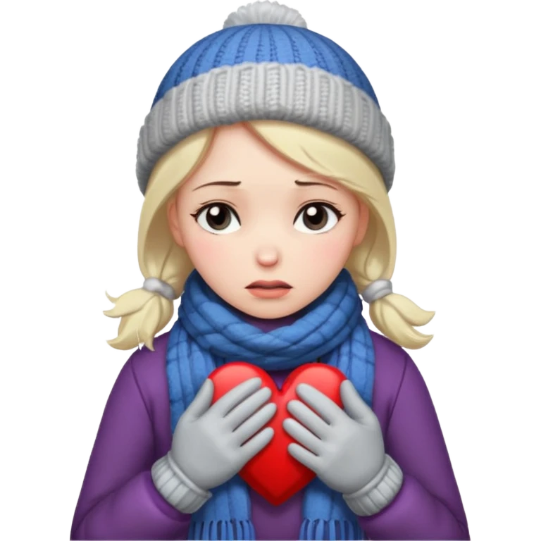 woman broken hearted, looking down sad, about to cry. holding her heart breaking, wearing a winter outfit emoji