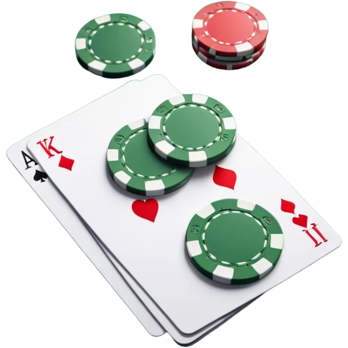 A photorealistic icon featuring playing cards and a stack of poker chips on a green felt table. Bright, detailed design with realistic textures and lighting. Transparent background, clearly symbolizing card games and strategy. emoji