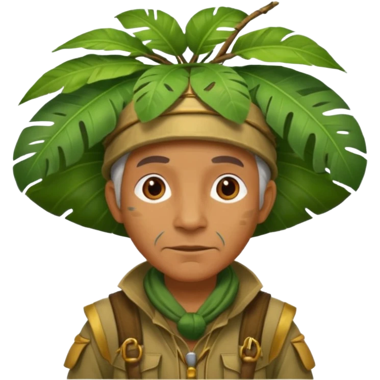 a old explorer with jungle wearing a large leaf headgear bye  emoji