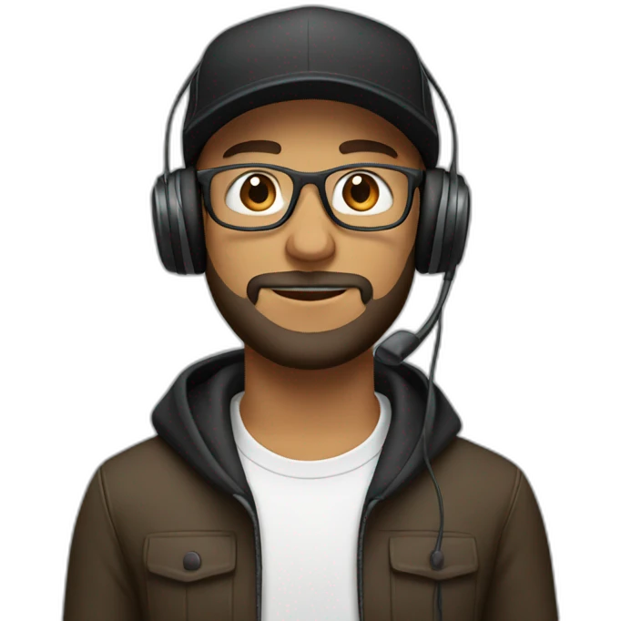 Male with headphones, clear glasses, black cap and brown beard emoji