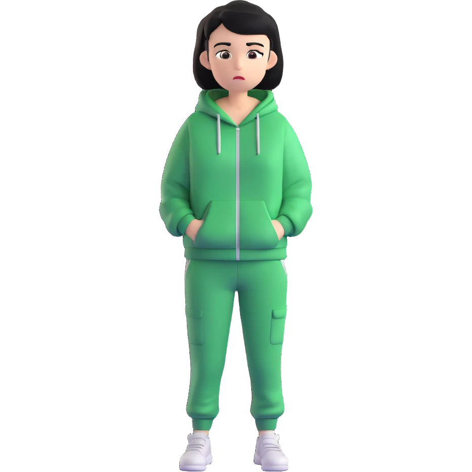 main character from Squid Game wearing green tracksuit, short black hair, worried expression, hands in pockets emoji